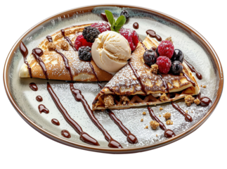 Crepes or thin pancakes with chocolate syrup, berries with scoop of vanilla ice cream. Isolated on white background.
