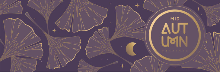 Mid-autumn festival banner with full moon and gingko biloba leaves on purple background. Vector illustration
