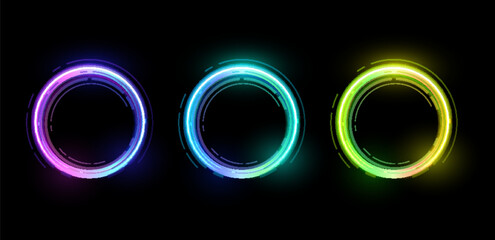 Neon gradient line circle frame, glowing round border colorful vector set, bright hole, light ring, luminous metal disc