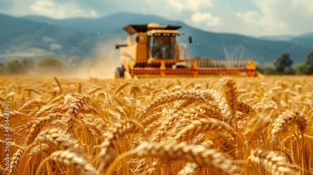 Wall mural close up of a combine harvester collecting wheat grain with a tractor trailer in a field