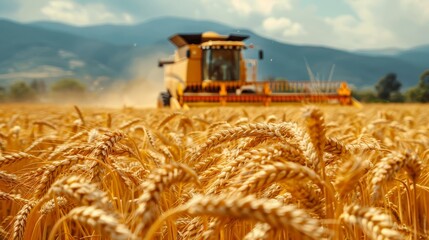 Close up of a combine harvester collecting wheat grain with a tractor trailer in a field