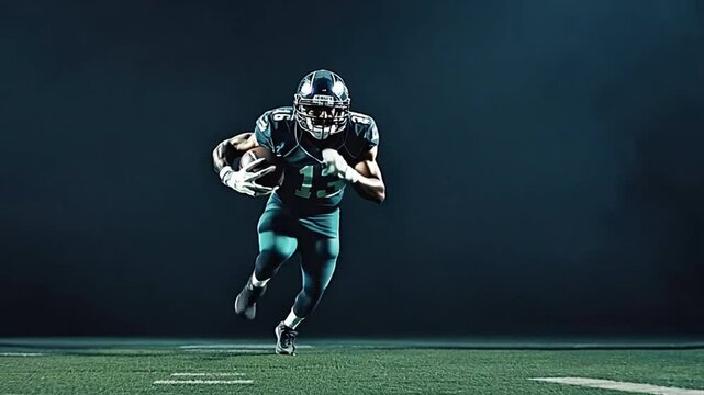 A football player in a black and yellow uniform is running with a football