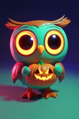 Naklejka premium Cute Cartoon Owl Holding A Jack-O-Lantern Pumpkin For Halloween