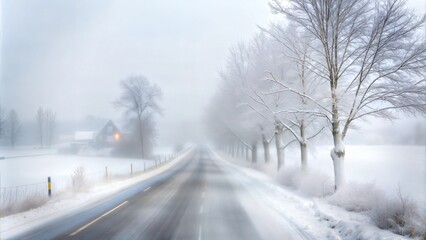 Obraz premium Misty winter road with a house and snowy trees creating a serene atmosphere for holiday travel concept