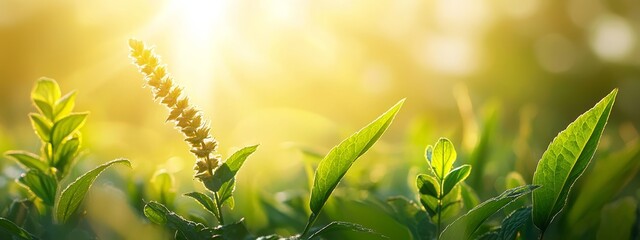  A tight shot of a plant in a field, sunlight filtering through its leaves Grass in sharp focus at the foreground