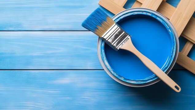 Paintbrush and Blue Paint Bucket on the Floor