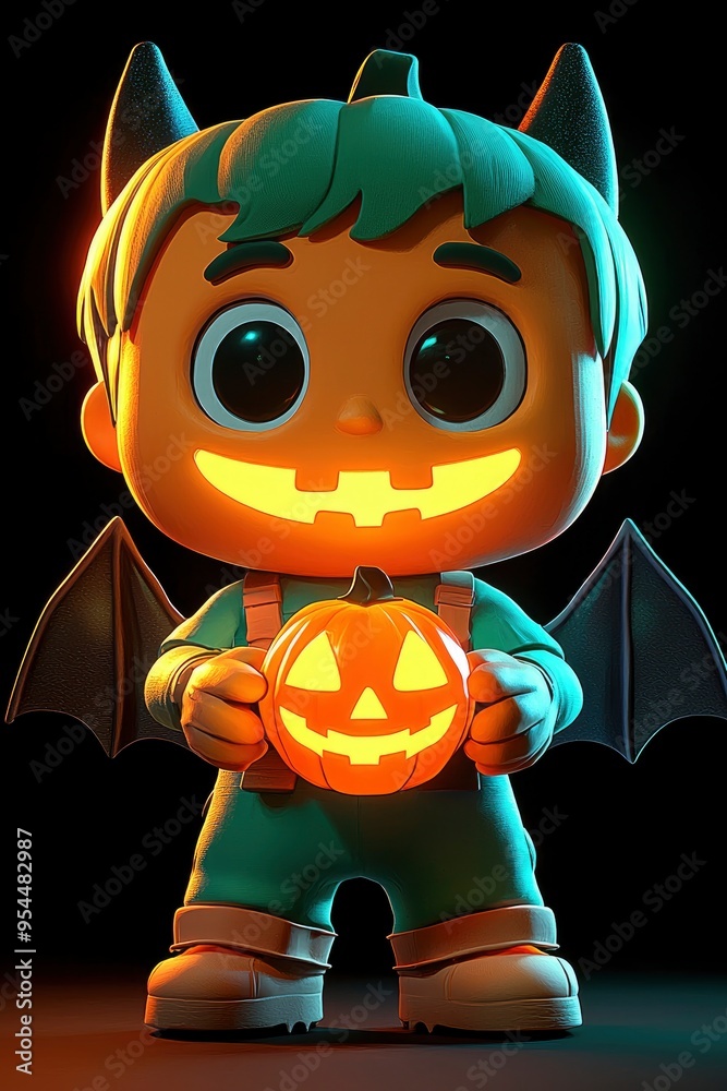 Sticker cute cartoon halloween devil holding jack-o-lantern