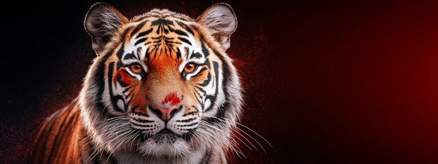  A tight shot of a tiger's face against a black backdrop, featuring a solitary red dot at its heart