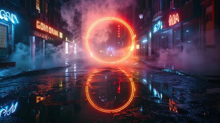 Neon Lit City Street with a Glowing Circular Portal