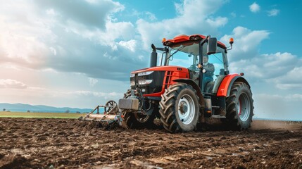 Orange and black tractor plowing a field under a cloudy sky in agricultural landscape