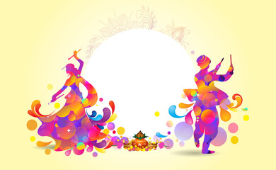 Navratri festive template, dandiya dance, kalash, celebration circular vintage frame and festive background theme design. 