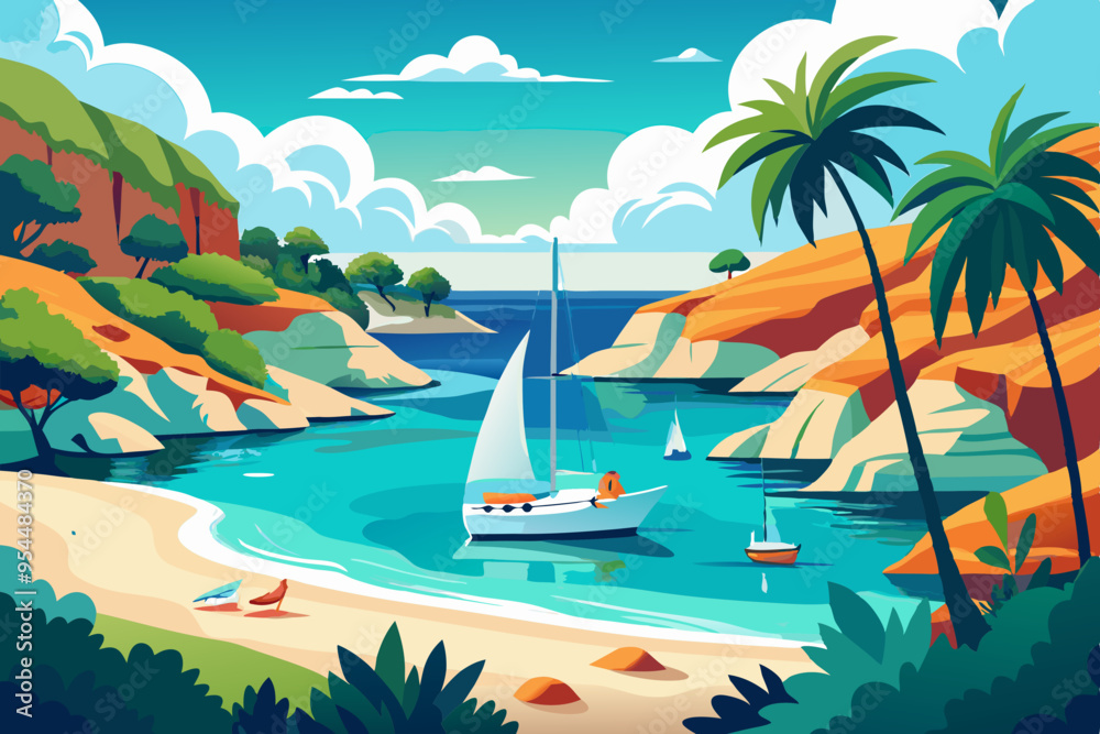 Wall mural beautiful tropical landscape with beach fishing boat island and the sea in the backgroun