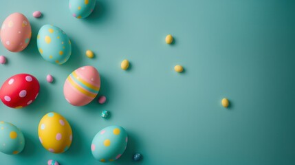 Playful decorated Easter eggs displayed on a soft turquoise surface with yellow dots 