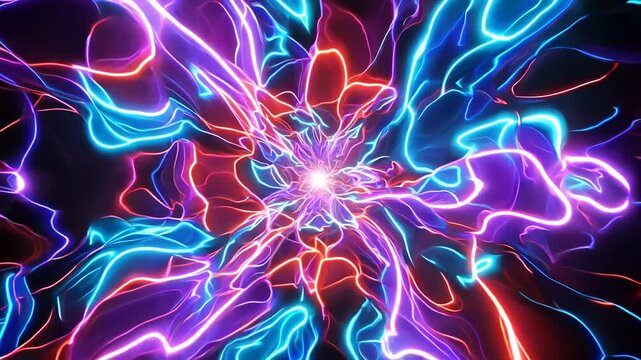 Vibrant neon explosion radiates from central vortex. Kaleidoscopic patterns of fractured light in purple, blue, and red create a mesmerizing psychedelic display. 