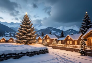 A snowy winter landscape with a large illuminated Christmas tree in the foreground, surrounded by small wooden houses with Christmas lights.