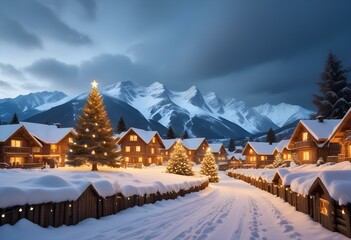 A snowy winter landscape with a large illuminated Christmas tree in the foreground, surrounded by small wooden houses with Christmas lights.