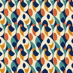 Abstract retro pattern featuring repeating shapes in shades of blue orange and cream for backgrounds
