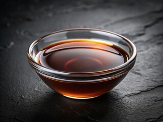 Malt vinegar poured into a small, rounded bowl on a black background, with a shallow depth of field that blurs the edges of the bowl and emphasizes the glossy, syrupy texture of the liquid