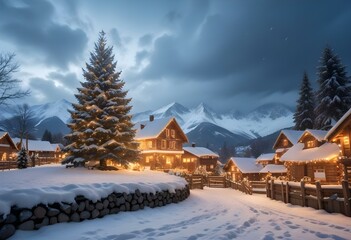 Fototapeta premium A snowy winter landscape with a large illuminated Christmas tree in the foreground, surrounded by small wooden houses with Christmas lights.