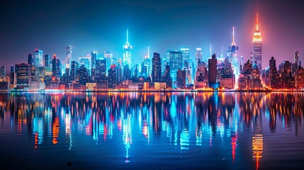 Nighttime City Skyline Reflected in Water