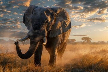 Naklejka premium Majestic elephant in golden sunset on african savanna AI