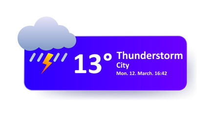 Thunderstorm 13 Degrees Celsius weather forecast, date, city location. Cloudy, lightning, rain, downpour, overcast, cold, wind speed, air, precipitation, temperature, atmosphere, Fahrenheit, UV index,