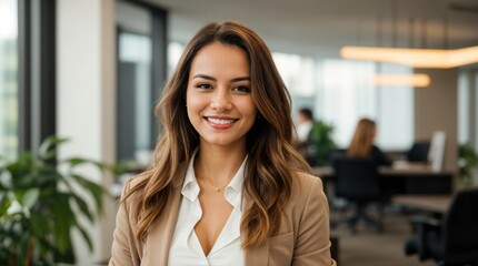 Fototapeta premium Professional woman smiling in stylish office attire at workplace 