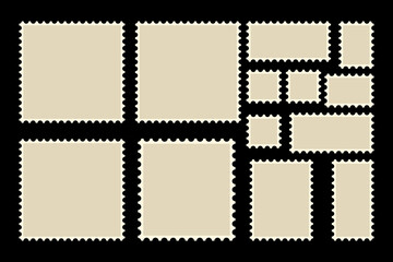 Black paper frames with carved edges for photos of different shapes on yellow background. Template, place your content. Photography, memories, creativity, card, decorations, advertising, aged effect