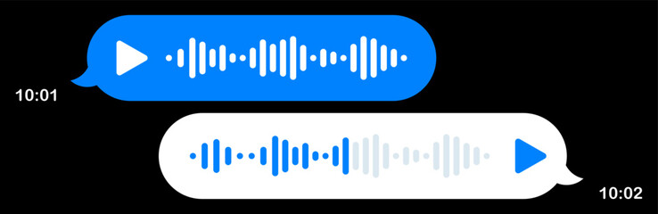 Voice messages in messenger. Speech bubbles, black background, texting, Hi, place your content, sound, play button, playback speed, mail, send, delivered, read, communication, online, sending time