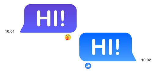 Messages in messenger. Blue speech bubbles, white background, texting, Hi, Place your content, mail, send, delivered, read, communication, online, sending time, reactions, emoticon, like. Vector