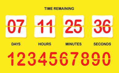Countdown. Time remained, days, hours, minutes, seconds, numbers, flip, timer, limited offer hurry up, sale, advertising, watch, business ad, marketing ploy, customer acquisition, deadline, yellow red