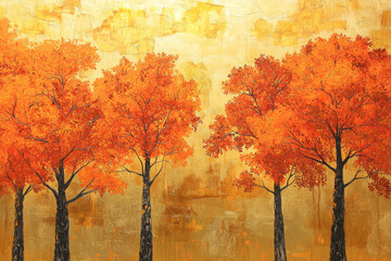 A vibrant autumn landscape featuring tall trees with bright orange foliage against a warm, textured background.