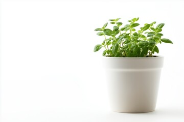 Naklejka premium Vibrant oregano plant in a white pot, fresh green leaves, ideal for seasoning, indoor gardening, minimalist style, isolated on white background, selective focus, copy space
