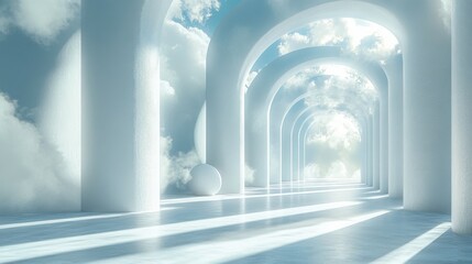 Abstract fantasy backdrop with white archways and clouds in a serene setting