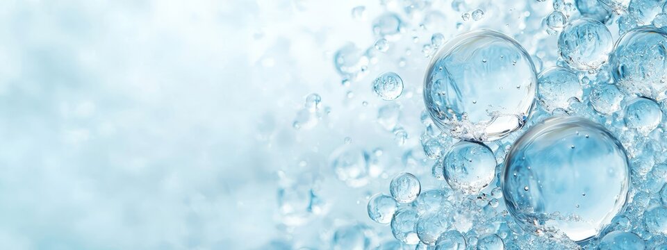  A tight shot of water bubbles against a blue-and-white backdrop, with a scattering of droplets at the base