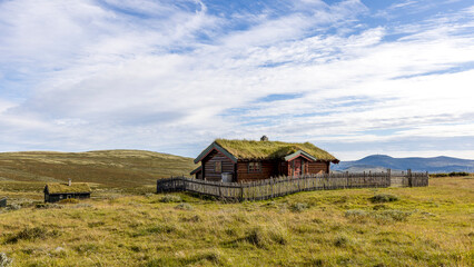 Obraz premium Old traditional wooden houses with green roofs, Dovrefjell, Norway 