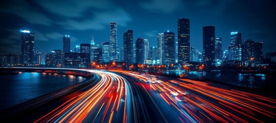 Fototapeta premium Night urban city buildings. Fast speed lights motion on highway. Generative AI 
