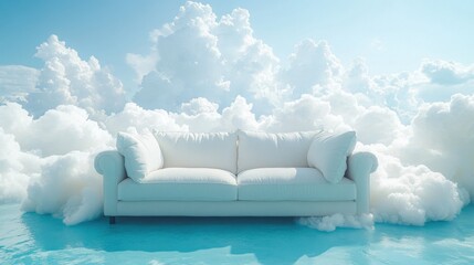 Modern light colored upholstered sofa floating amidst fluffy clouds in a serene sky setting