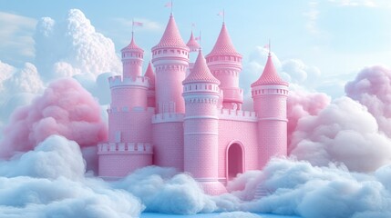 Fototapeta premium 3D castle in pastel colors with cotton candy clouds