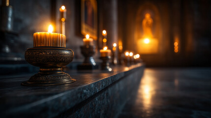 Church interiors with a ornate altar illuminated by candle lighting