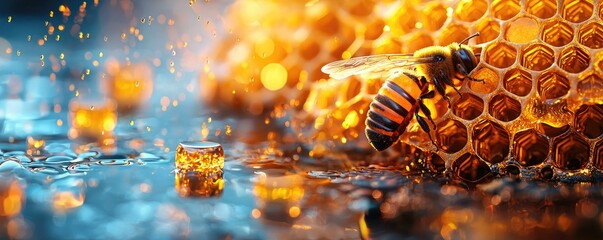 A close-up view of intricate honeycomb texture surrounded by nature's elements, creating a spacious earthy ambiance perfect for integrating text graphics. 3D rendering.