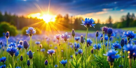 Dark blue flowers blooming in lush green meadow, warm sunlight, vibrant colors, joyful atmosphere, optimistic mood, a realistic photo image.