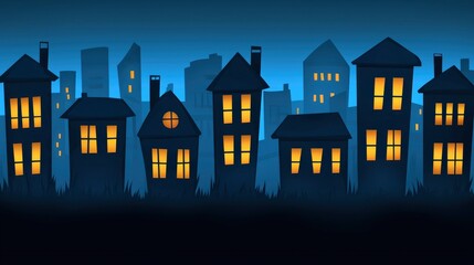 Cartoon Silhouettes of Houses at Night
