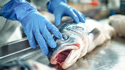 A worker in blue plastic gloves expertly holds a large sea bass, preparing to cut off its tail, immersed in the meat production process in a factory