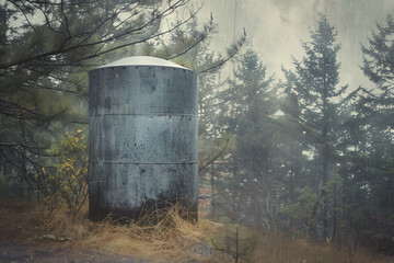 Obraz premium Grey water tank in the forest , textured background wallpaper. many uses for paintings,printing,mobile backgrounds, book,covers,screen savers, web page,landscapes, greeting cards,letter head etc.