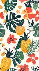 A vibrant tropical paradise unfolds with pineapples, lush leaves, and delicate flowers, creating a cheerful and summery atmosphere.