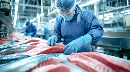A dedicated worker in protective clothing expertly cuts fresh tuna on a busy processing line, showcasing the meticulous nature of fish processing in a modern environment