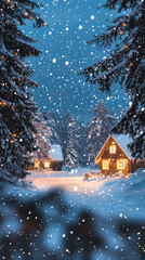 Fototapeta premium A Cozy Cabin Nestled in a Snowy Forest, Illuminated by Warm Lights, as Snow Gently Falls on a Serene Winter Night.