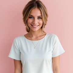 Fototapeta premium Radiant woman showing off her lengthy hair on soft pink backdrop 