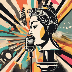 Artistic collage of trendy halftone elements, 90s music, retro nostalgia, trendy Y2K elements with 90s singer singing into a mic, torn paper stickers, illustrations, suitable for screen printing, phot